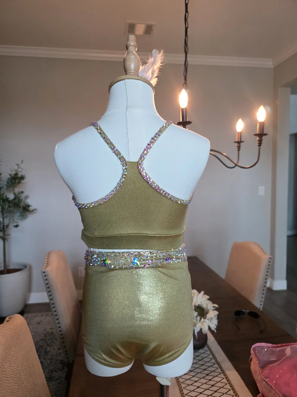 Gold Sequin Trim Two-Piece Dance Crop Top & High-Waist Brief Set